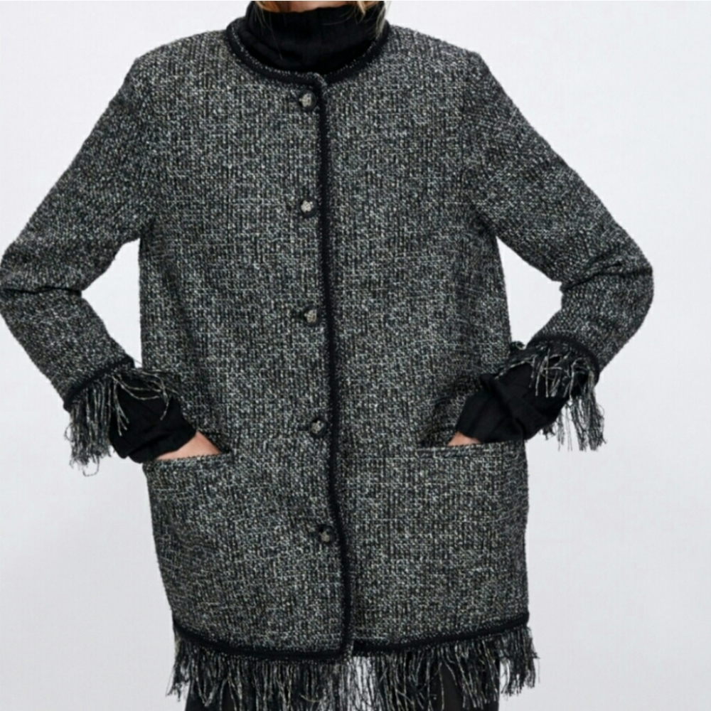 ZARA WOMEN BLACK TWEED JACKET WITH METALLIC THREAD SIZE XS - Picture 5 of 9